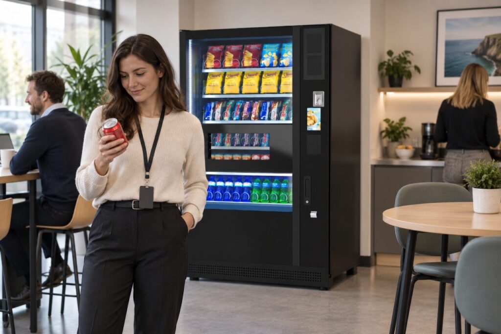 Adult customer reads a drink label beside a vending machine