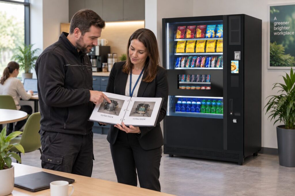 Technician and buyer compare component history photographs beside a vending machine