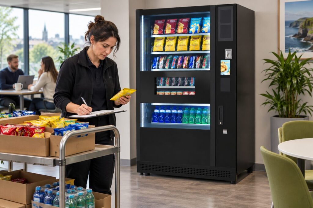 Operator recounts snack packs and corrects an inventory sheet beside a vending machine