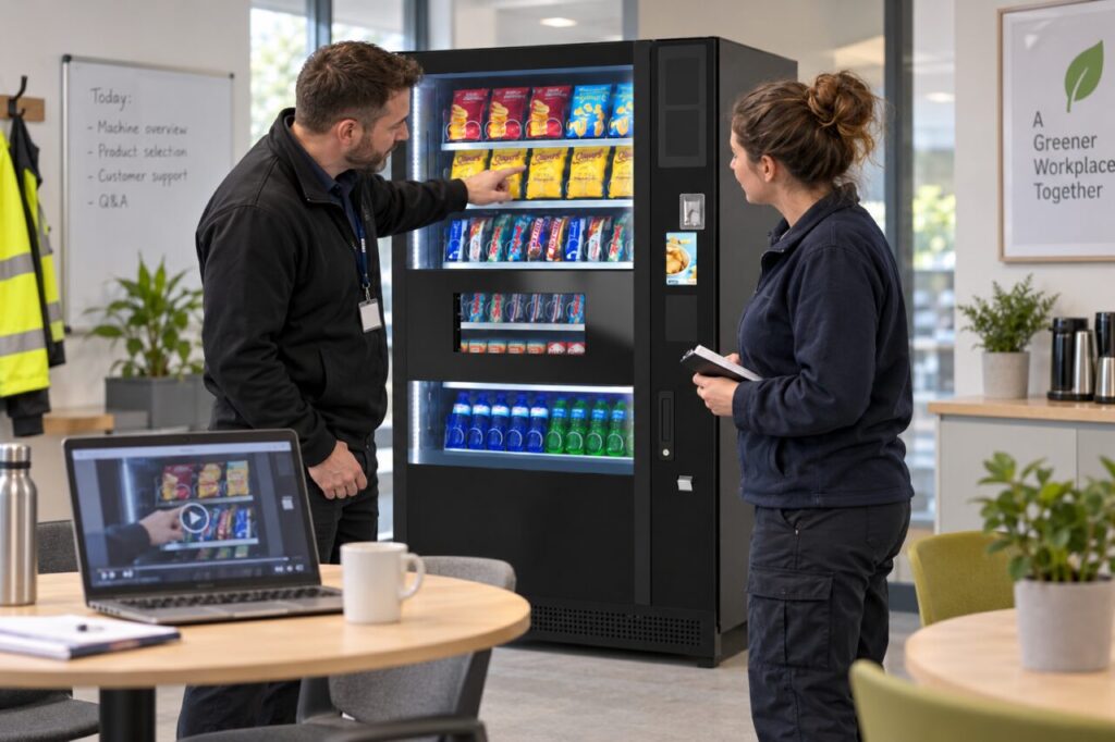 Trainer demonstrates snack selection while a training video is paused beside the machine