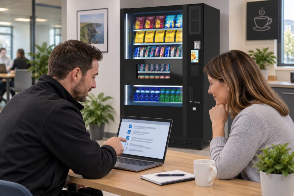 Buyer reviews a payment account activation checklist beside a vending machine
