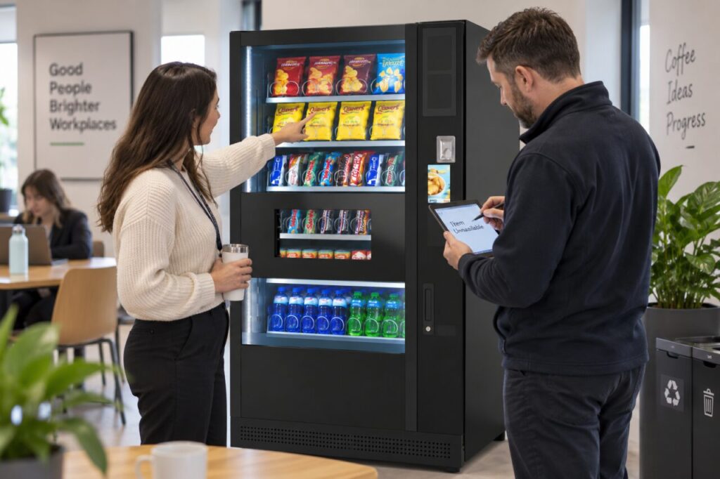 Customer points to visible vending stock while the host records an unavailable selection