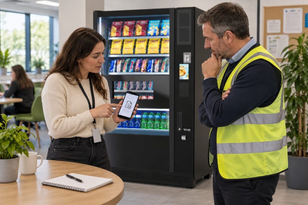 Customer shows a receipt access problem on a phone beside a vending machine
