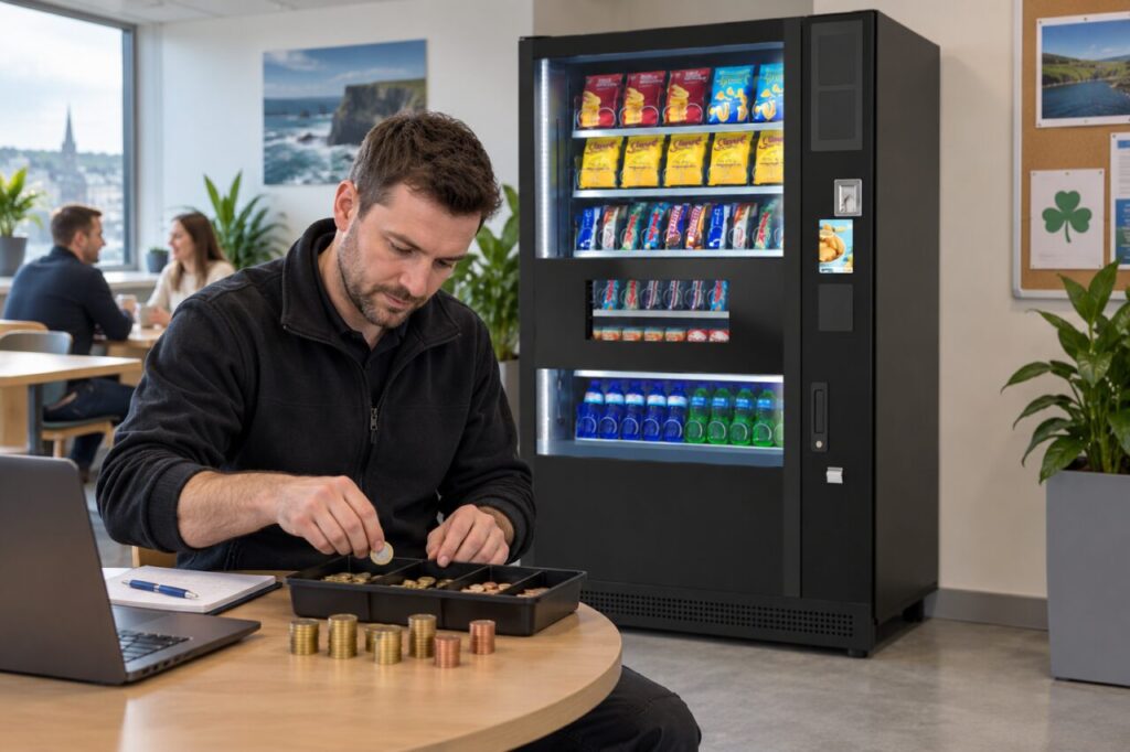 Operator sorts euro coins into a float tray beside a vending machine