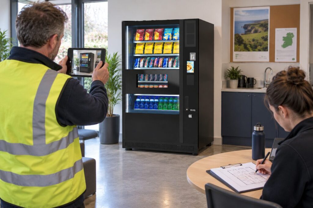 Surveyor photographs a vending location while a colleague marks a floor plan