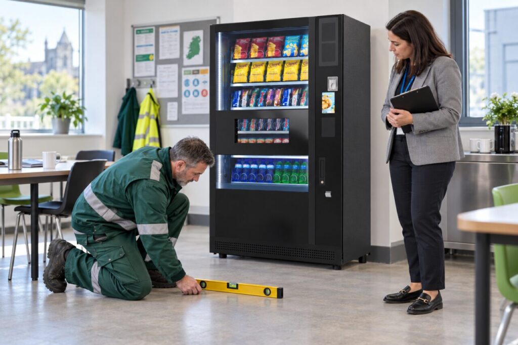 Surveyor checks the floor with a spirit level beside a SandenVendo vending machine
