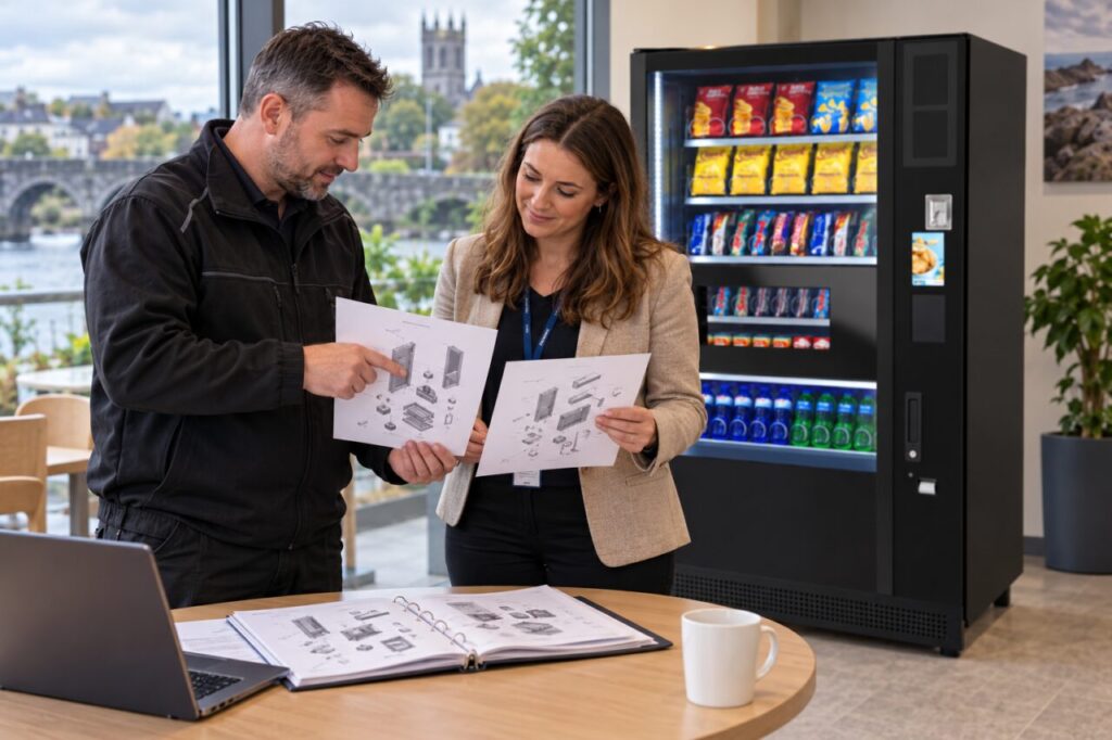 Technician and buyer compare replacement-part documents beside a vending machine