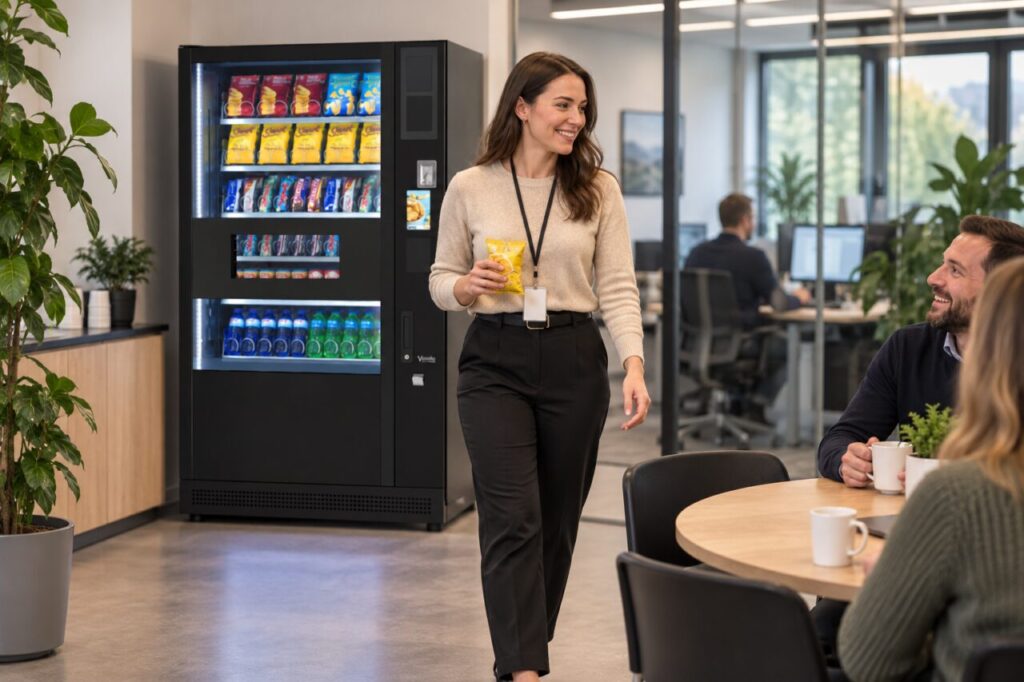 Office employee carries a vending snack towards a break-room table