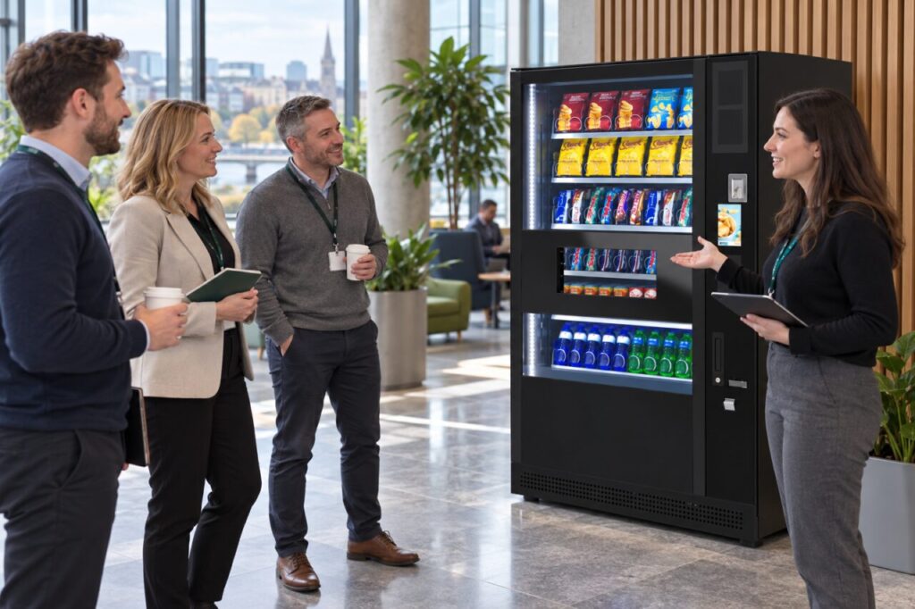 Office host introduces a group of visitors to the vending machine