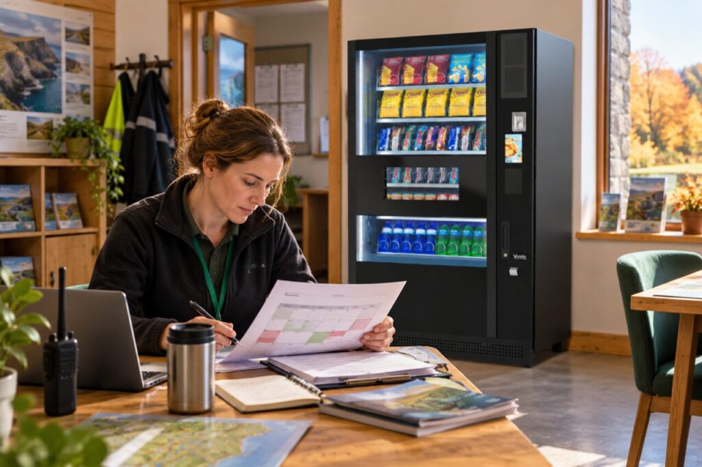 Venue manager reviews a seasonal calendar beside a vending machine