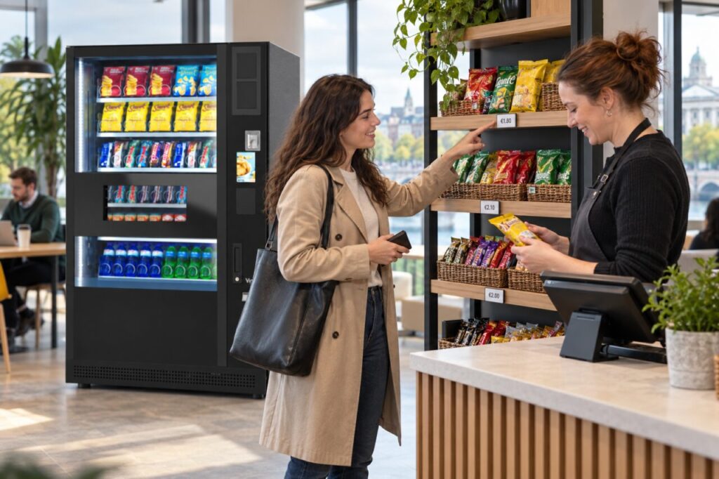 Customer and host check a micro-market shelf price beside the vending machine