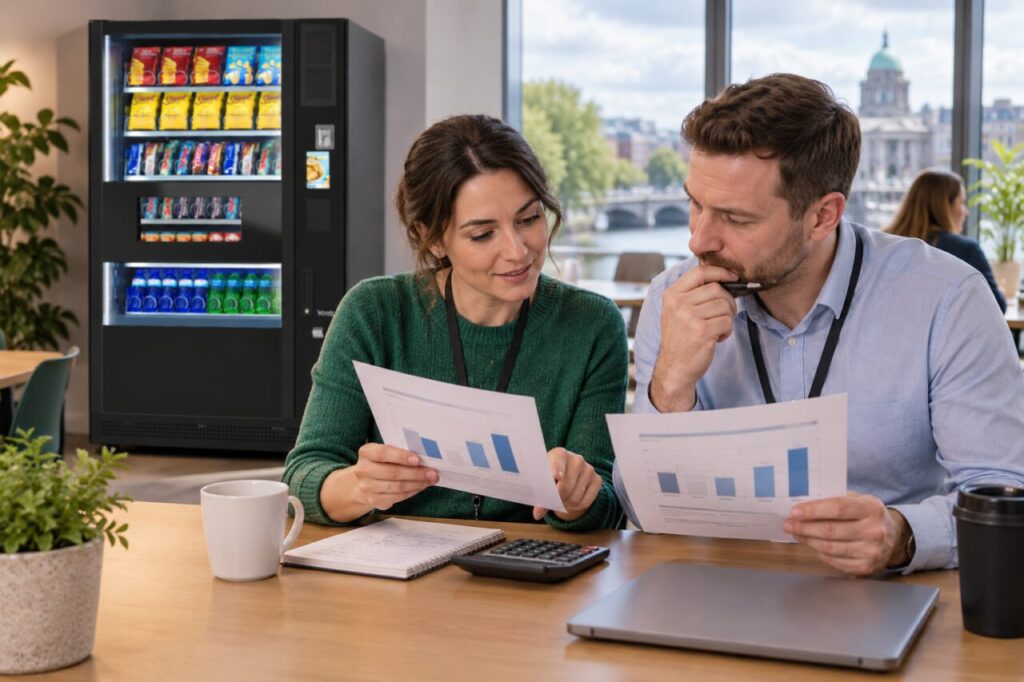 Colleagues review staff contribution examples beside a vending machine