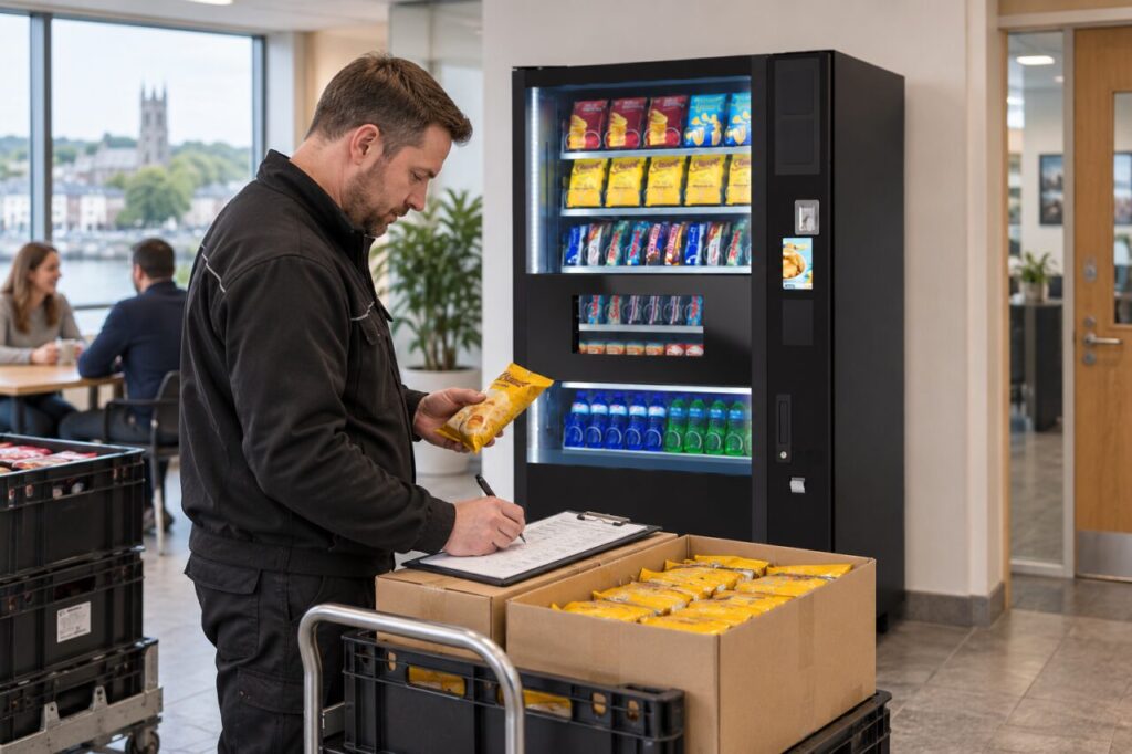 Operator counts promotional snack stock beside a vending machine