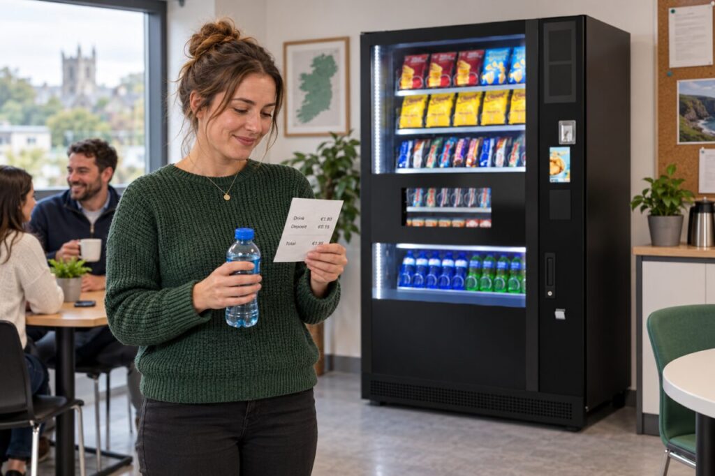 Customer checks drink and deposit information beside a vending machine