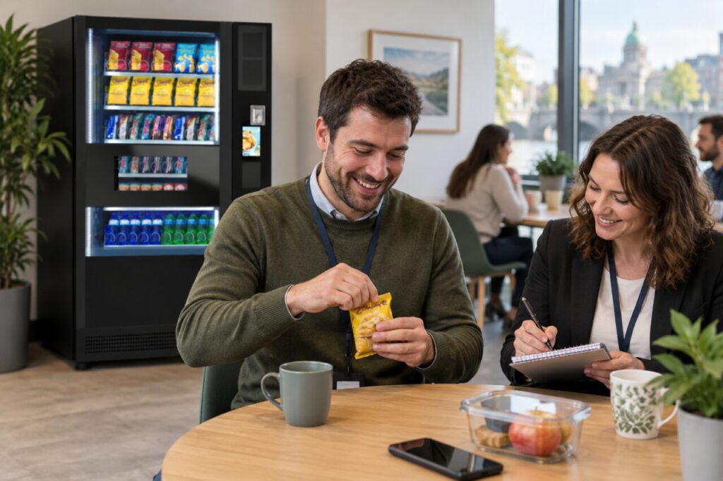 Customer tries a savoury biscuit while a range planner records feedback beside vending