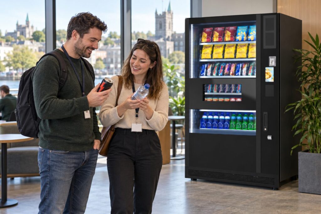 Customers compare water and an energy drink beside a vending machine