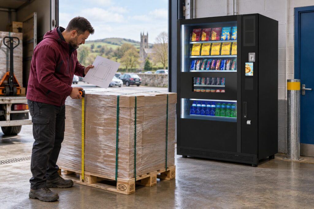 Delivery planner measures a packed pallet beside a vending machine