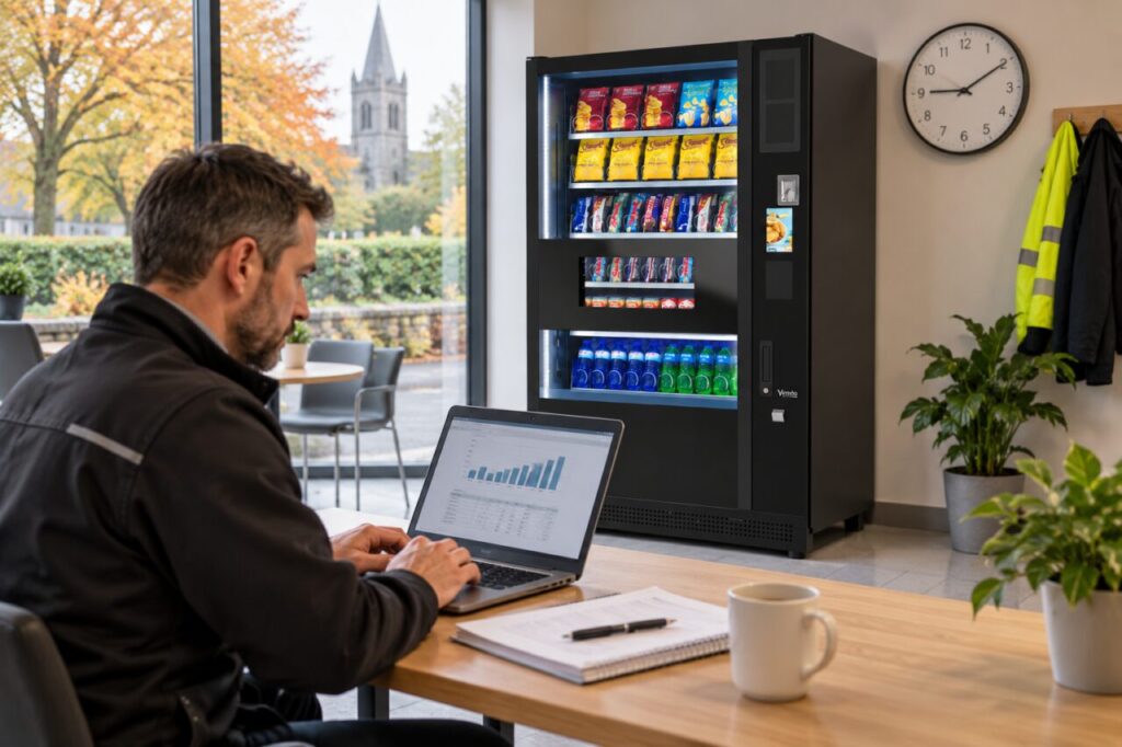Operator reviews sales times on a laptop beside a vending machine and wall clock