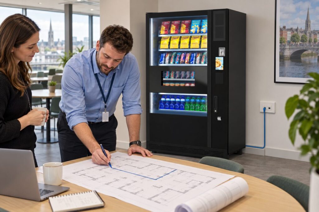 IT colleague reviews a network cable route beside a vending machine