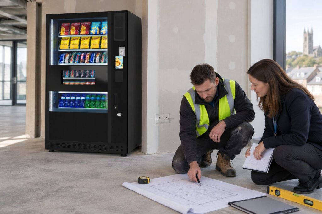 Site professionals review a proposed socket position beside a vending machine