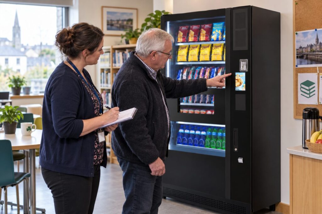 Customer points to vending instructions while the host records the payment step