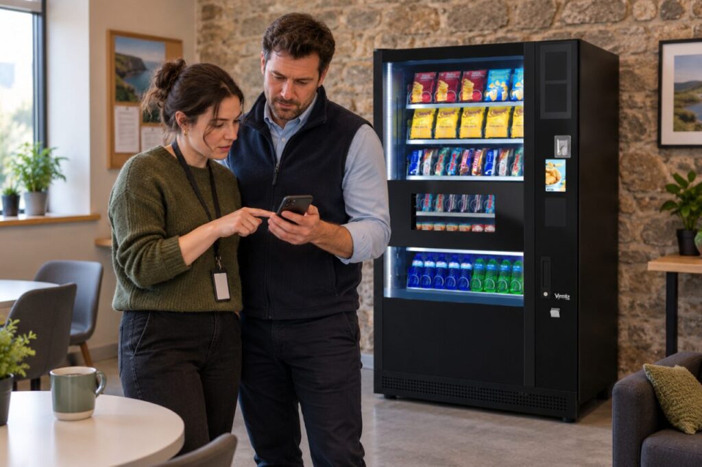 Customer and host check an email receipt request on a phone beside a vending machine