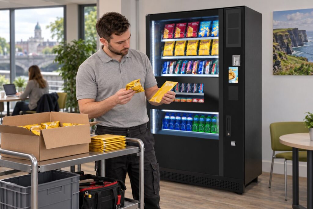 Operator compares folded and flat sealed snack packs beside a vending machine