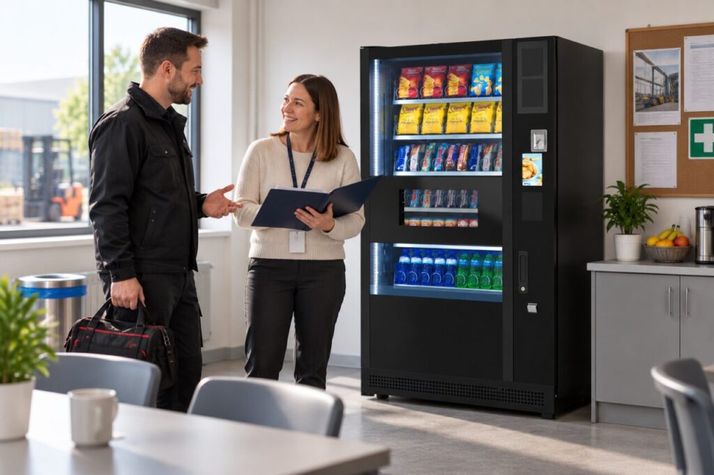 Service engineer discusses site induction with the host beside a vending machine