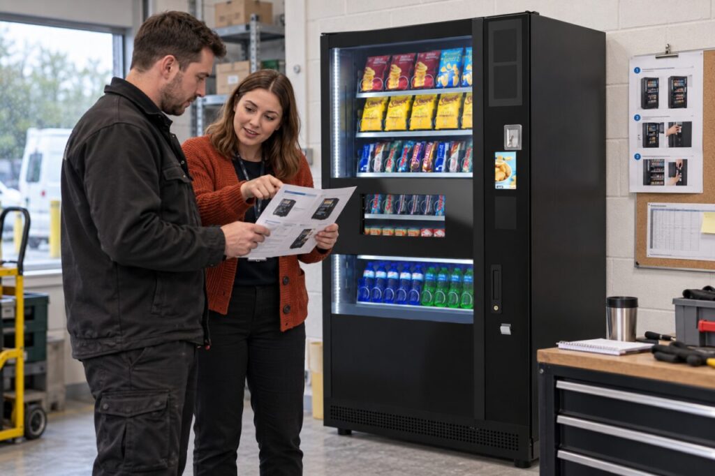 Trainer reviews current operating instructions with a returning vending operator