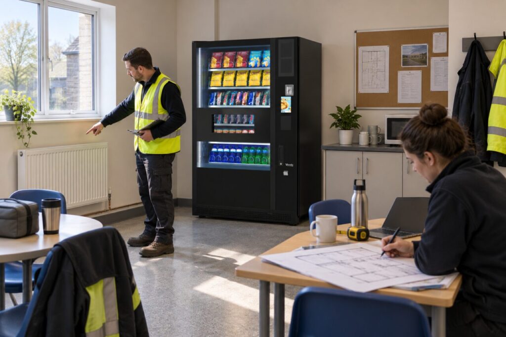Surveyor reviews a radiator location beside a vending machine while a colleague marks a floor plan