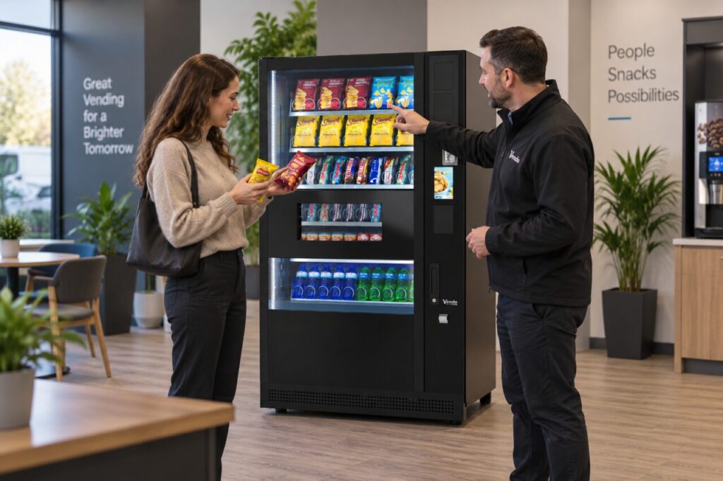 Buyer compares intended snack packs during a vending product demonstration