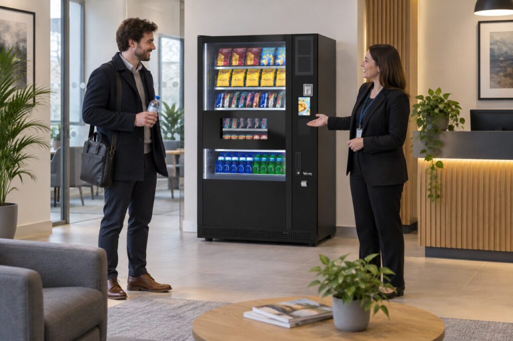 Office host explains vending to an interview visitor holding a drink