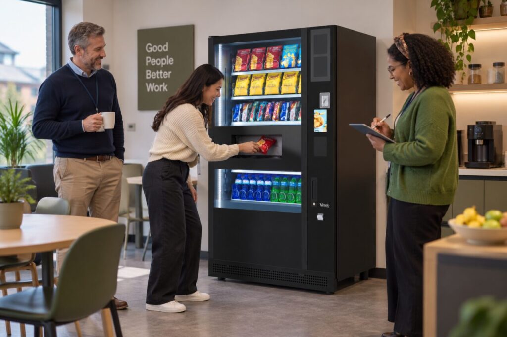 Colleague collects vending feedback while another customer takes a snack