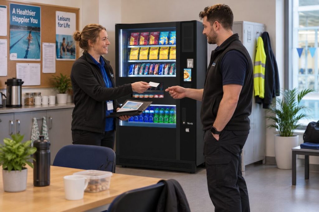 Manager hands service information to a temporary contact beside hired vending equipment