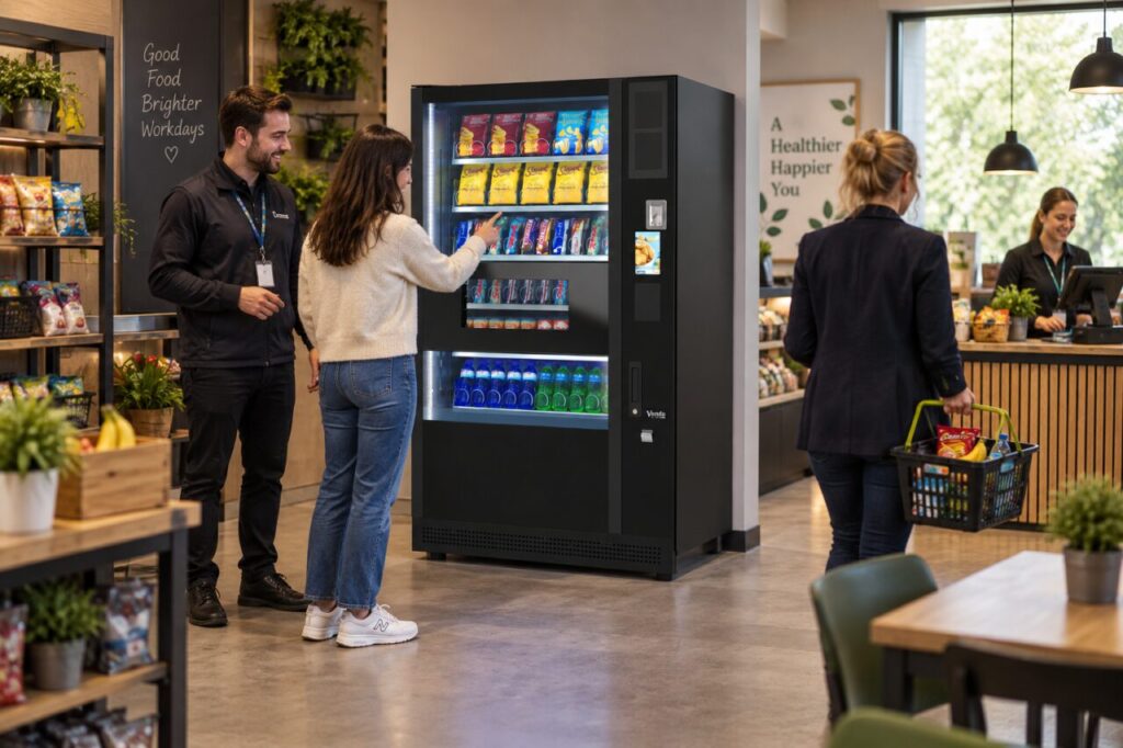 Host shows a customer the vending area beside a separate micro-market checkout