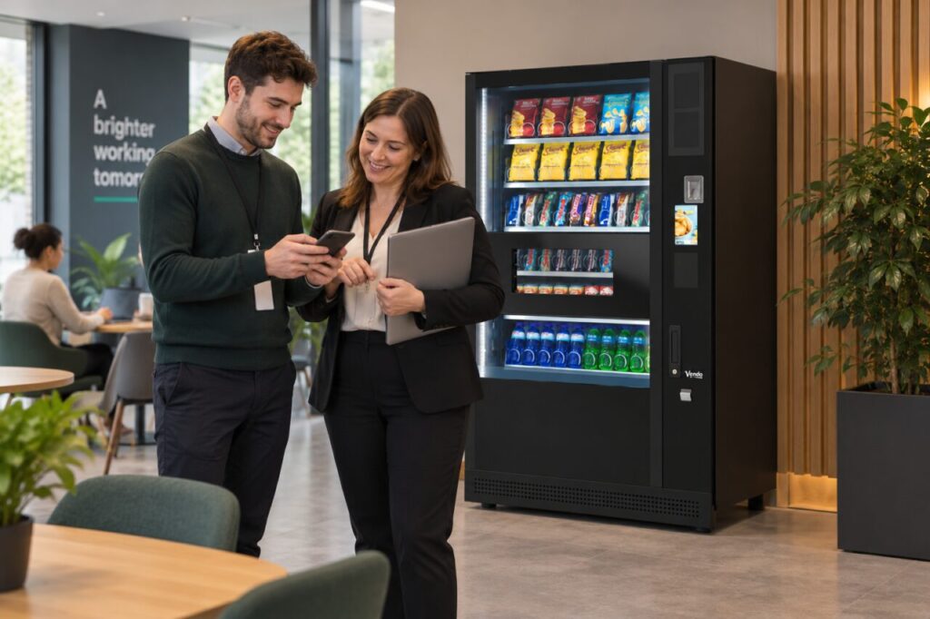 Employee and administrator check staff credit instructions beside a vending machine
