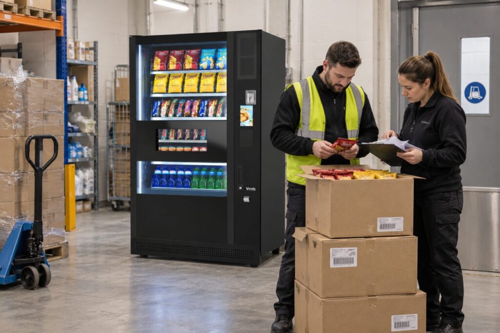 Operator checks unexpected extra snack cartons against an order beside a vending machine