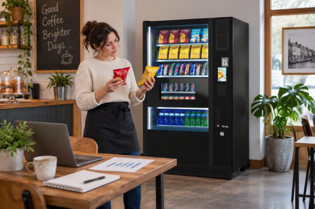 Operator compares snack products and a sales chart beside a vending machine