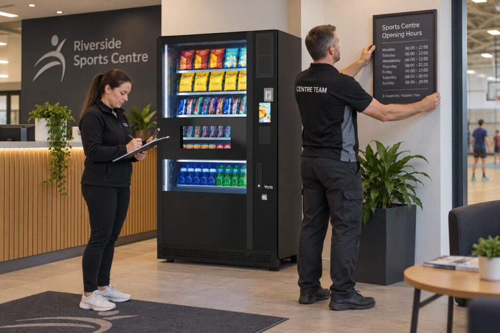 Venue colleagues update opening hours and budget notes beside a vending machine