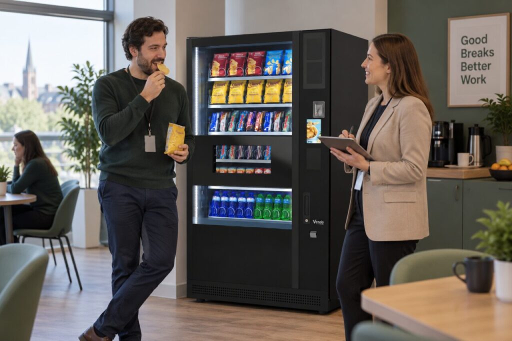 Customer tries a plain crisp while a colleague records feedback beside vending