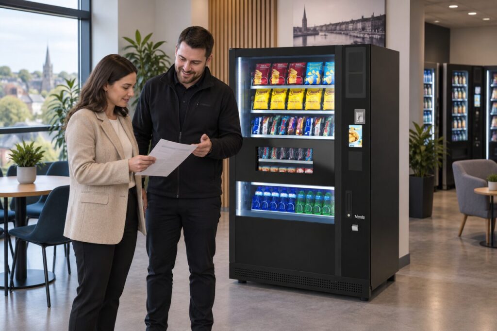 Buyer checks an order document with a supplier beside a vending machine