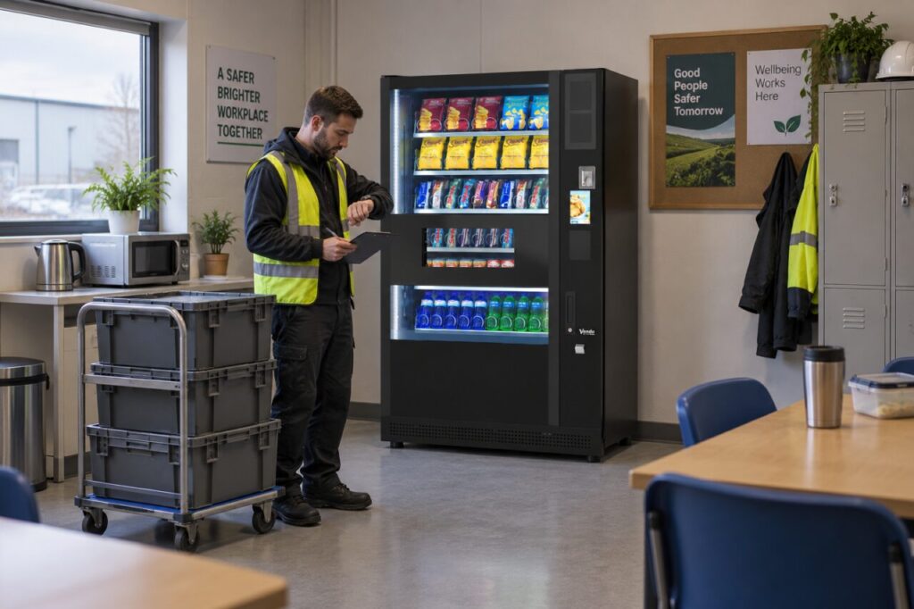 Operator records visit timings beside a vending machine and stock trolley