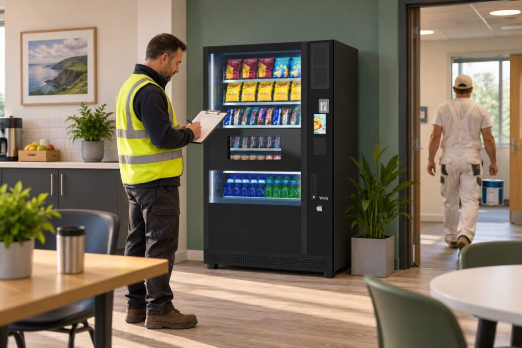 Site manager checks a finished vending room as a decorator leaves with a paint tin