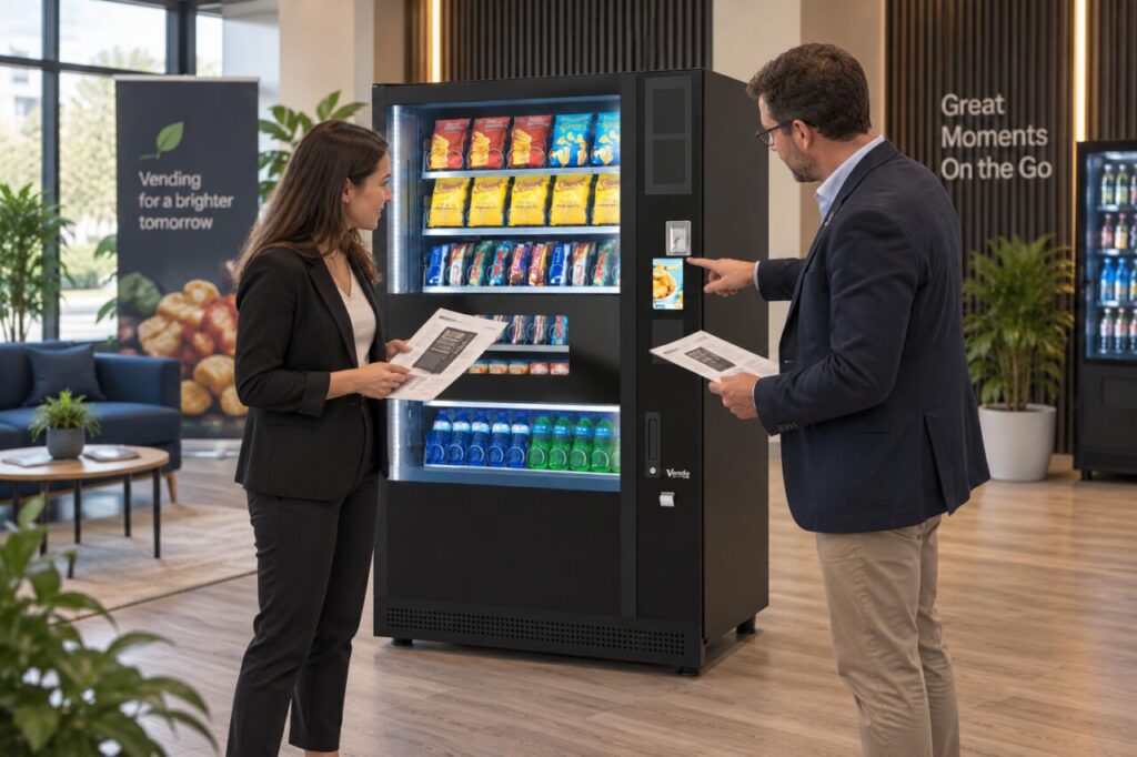 Buyer and supplier compare payment equipment documents beside a vending machine