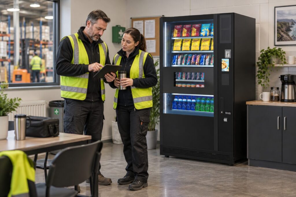 Colleagues review open service cases on a tablet beside a vending machine