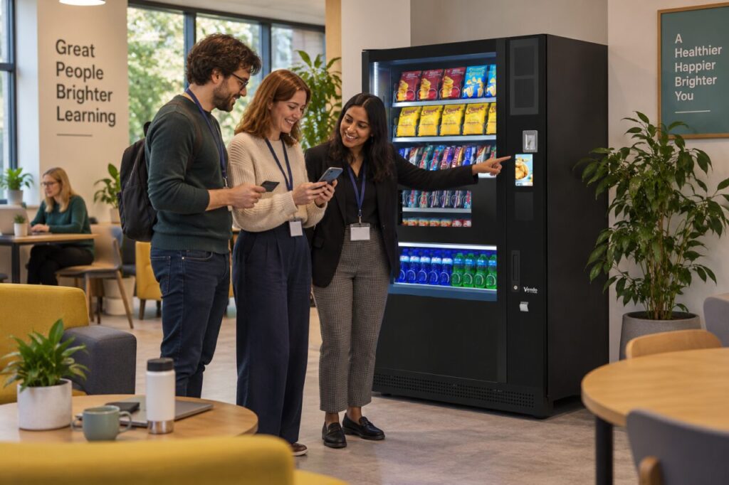 Customers compare their payment experiences with a host beside a vending machine
