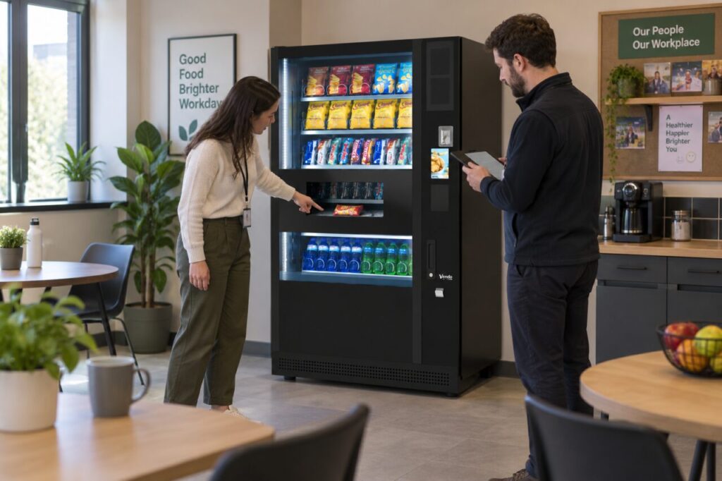 Customer reports an uncollected snack to a host beside a vending machine