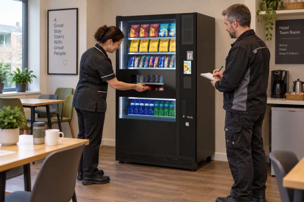 Technician records observations while a customer collects a snack from a vending machine