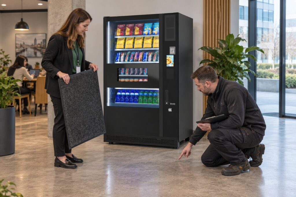 Facilities manager holds a floor mat sample while an installer assesses the floor beside vending equipment
