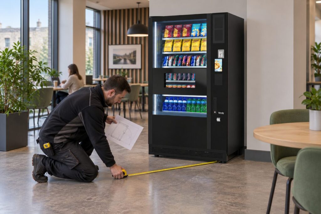Installer measures working floor space beside a vending machine while holding a door clearance plan